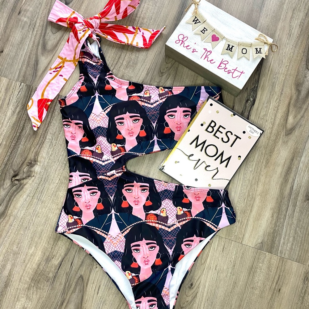 Boho Goddess Print One-Piece Swimsuit | Cutout One-Shoulder | Size M